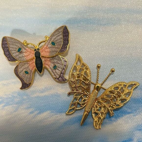 Pair Of Vtg Monet & Fish Brooch Pins Gold-tone & Pastel Cloisonne Enamel Signed - Picture 5 of 7